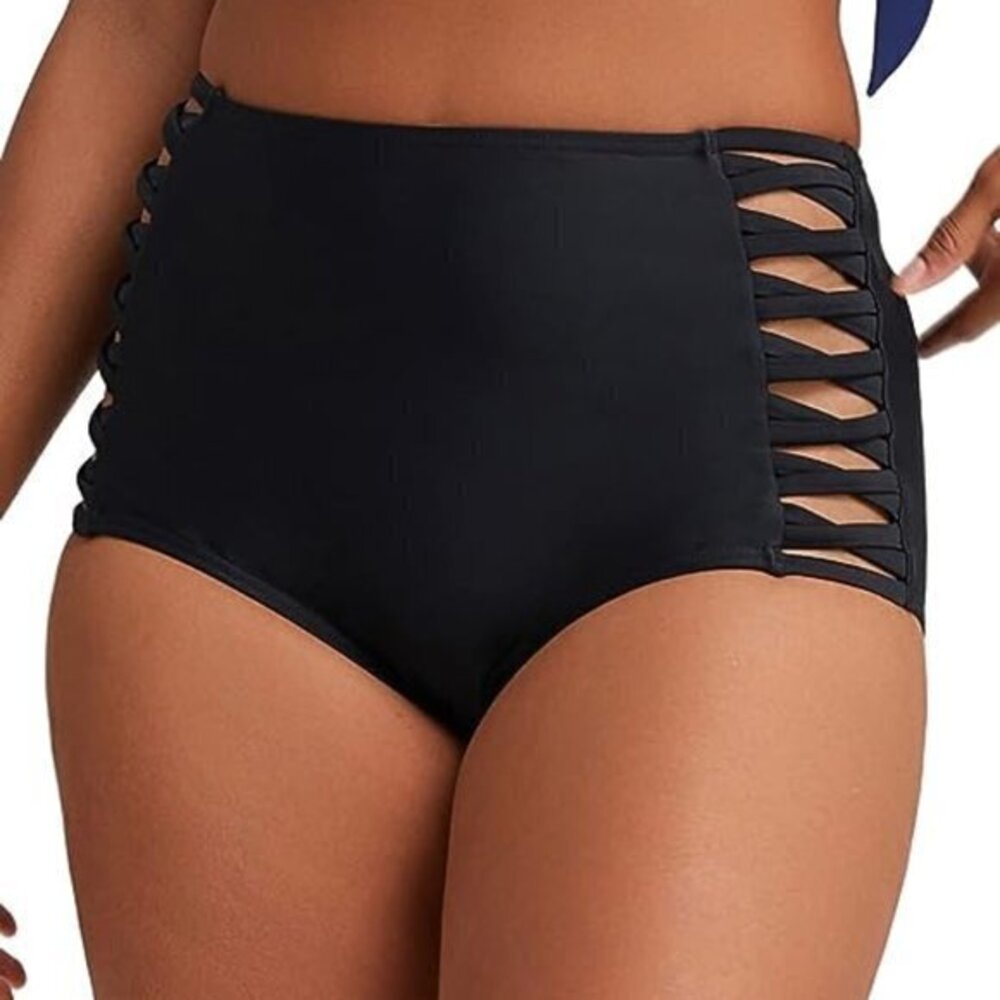 Black High Waisted Bikini Bottoms Cheeky High Cut Swimsuit Size XL NWT #0341